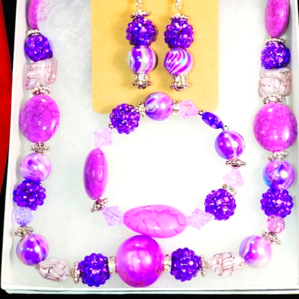 247NEB117 Handmade 3 Pc. Purple Beaded  Necklace Set